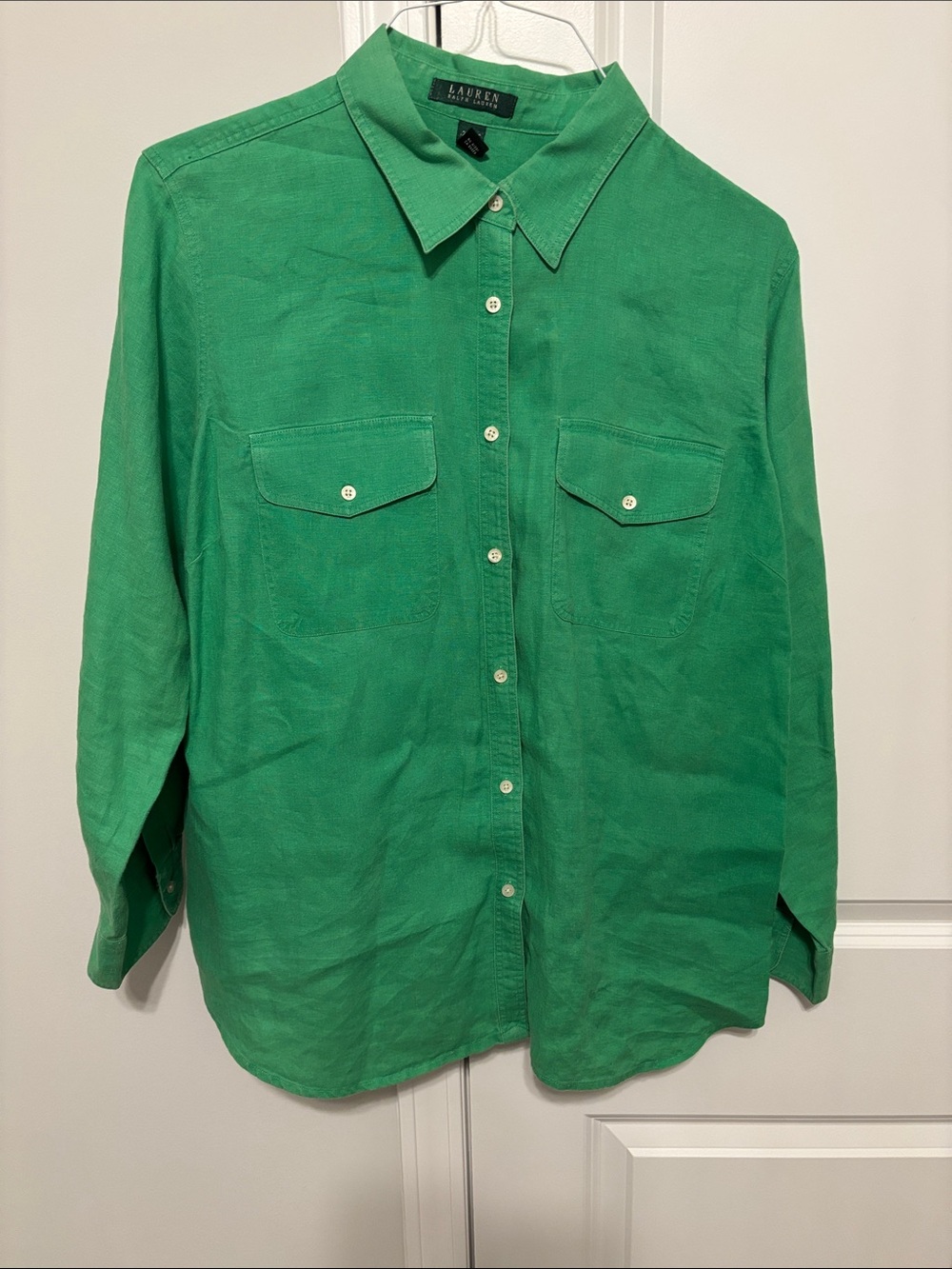 Women Lauren Ralph Lauren Emerald Green Button-Front Shirt 100% Linen 2X